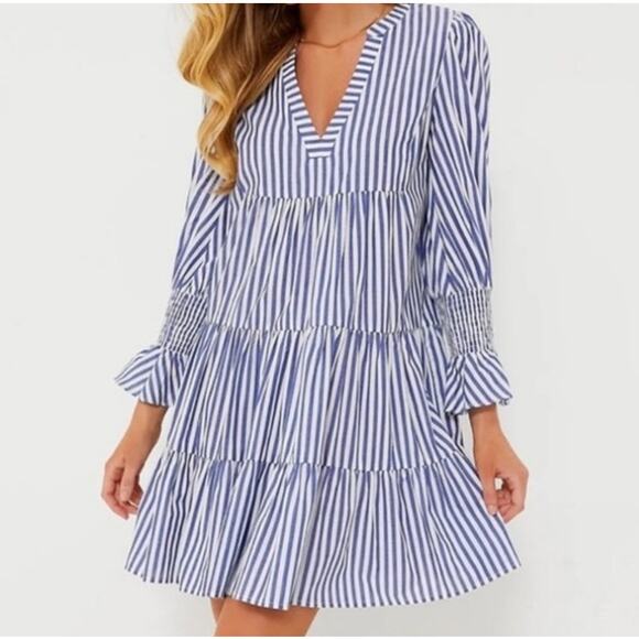 Tuckernuck Pomander Place Blue Stripe Dress Size M Cotton Poplin Preppy - Picture 2 of 10